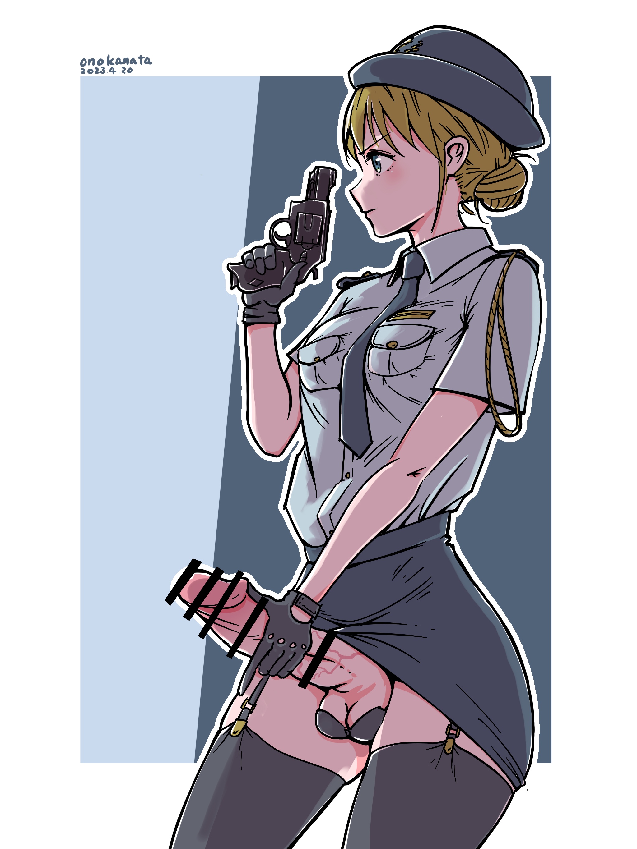 1futa, 2023, 2d, balls, balls bra, bar censor, big penis, black garter straps, black legwear, black stockings, black thighhighs, blonde hair, blue eyes, breasts, casual, censored, censored penis, clothed, clothing, erection, firearm, futa only, futanari, garter straps, genitalwear, gloves, gun, handgun, handwear, headwear, human, intersex, large penis, legwear, light skin, light-skinned futa, masturbation, mostly clothed, multitasking, necktie, onokanata, pale skin, penis, penis grab, police, police hat, police officer, police uniform, policewoman, revolver, short hair, side view, skirt, solo, standing, stockings, thighhighs, weapon