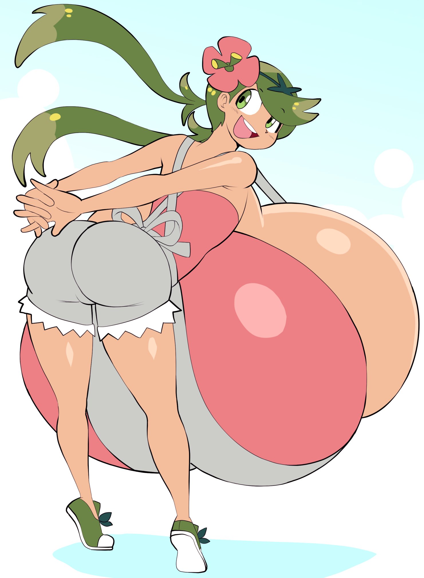 1girls, alternate breast size, angstrom, ass, bent over, big breasts, breasts, breasts bigger than torso, female, female focus, female only, gigantic breasts, green eyes, green hair, huge breasts, hyper, hyper breasts, large breasts, mallow (pokemon), nintendo, nipple bulge, nipples, pokemon, pokemon sm, solo, solo female, top heavy