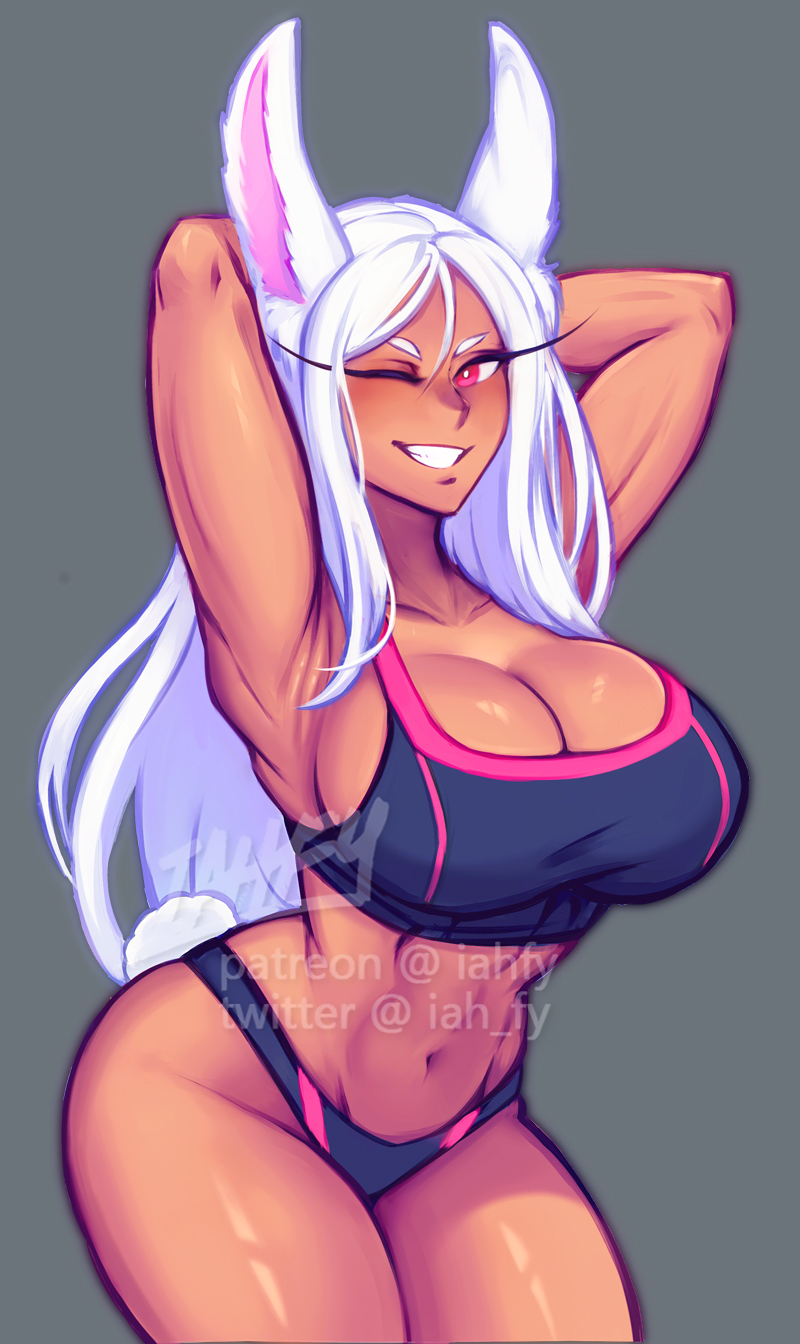 1girls abs animal_ears armpits arms_behind_head big_breasts breasts cleavage female female_only iahfy large_breasts miruko muscles muscular muscular_female my_hero_academia rumi_usagiyama sideboob smile solo sports_bra sports_panties sportswear twitter_link wink