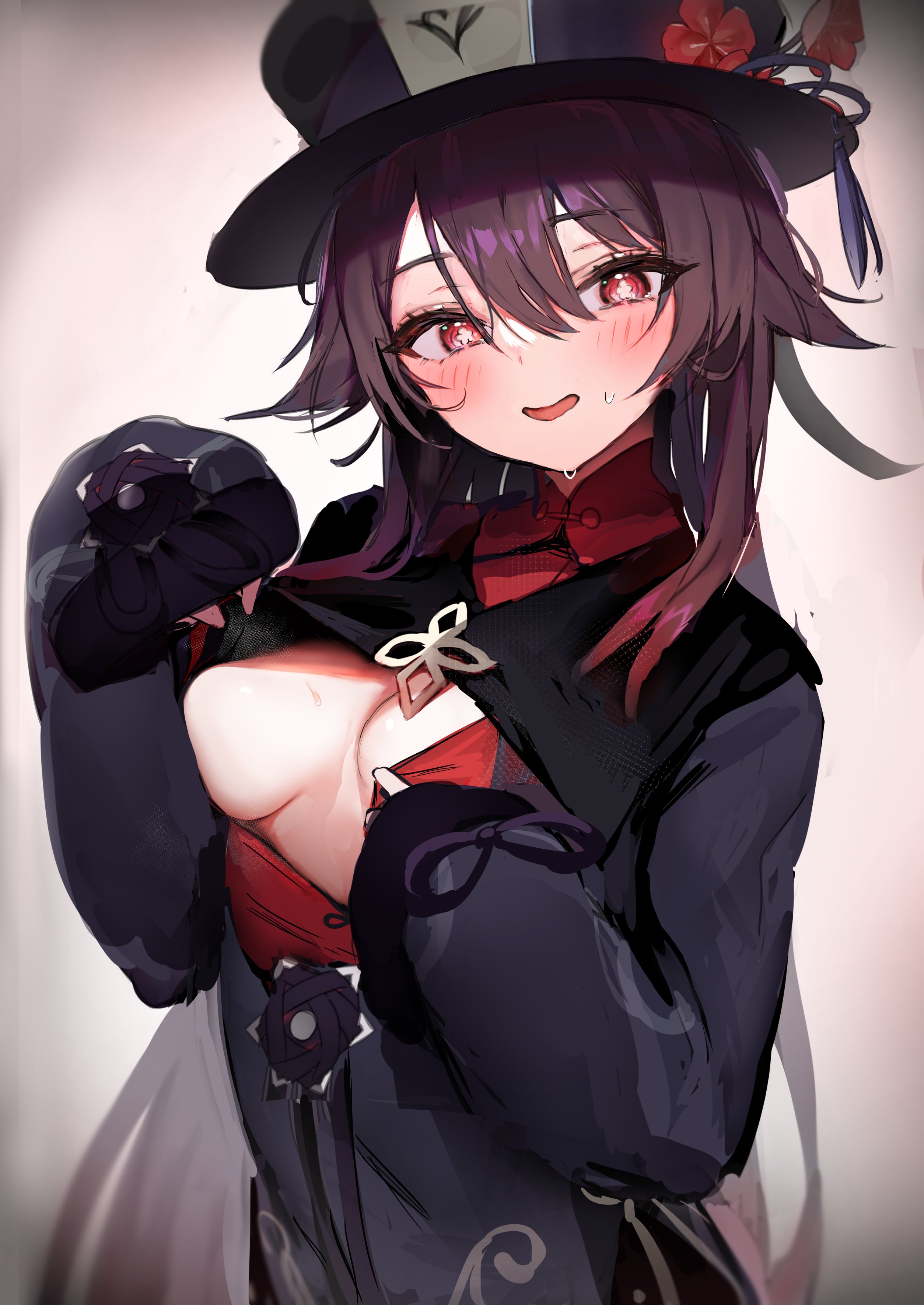blush, breasts, breasts out, female, genshin impact, hu tao (genshin impact), nervous, nervous sweat, pomesaurus (pomesubrus)