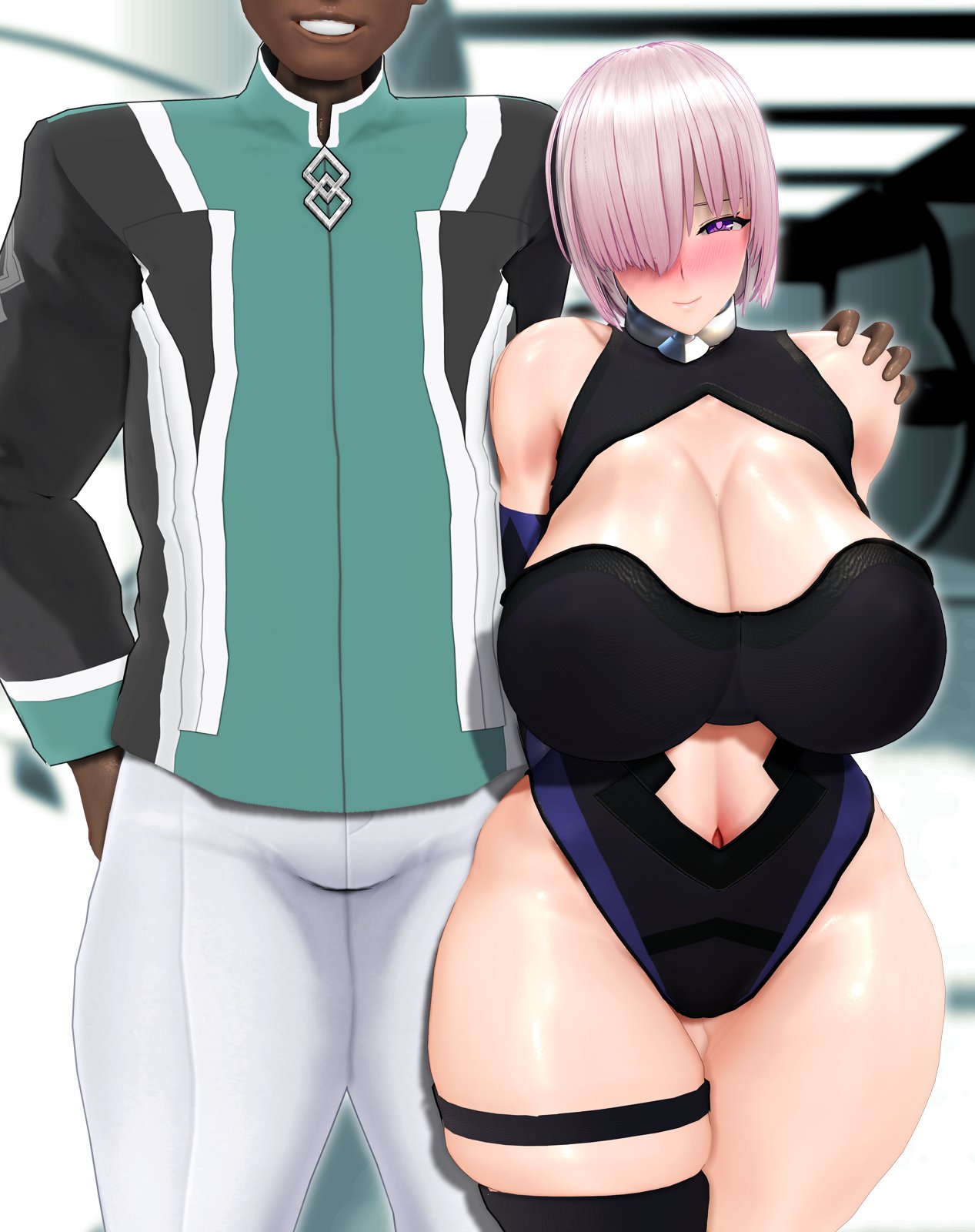 1boy 1girls 3d 3d_(artwork) blush breasts cleavage cleavage_cutout cm3d2 collar custom_maid_3d_2 dark-skinned_male fate/grand_order fate_(series) femsub gloves hair_over_one_eye hand_on_shoulder huge_breasts imminent_sex leotard looking_at_viewer maledom mash_kyrielight midriff navel navel_cutout negakura_imu netorare pink_hair purple_eyes short_hair smile thick_thighs thigh_strap thighhighs thighs wide_hips