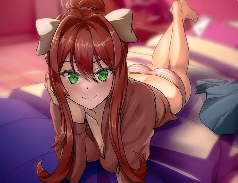 1girls ass bed doki_doki_literature_club dylanmac72 female_only green_eyes laying laying_down laying_on_bed laying_on_stomach long_hair monika_(doki_doki_literature_club) panties shirt