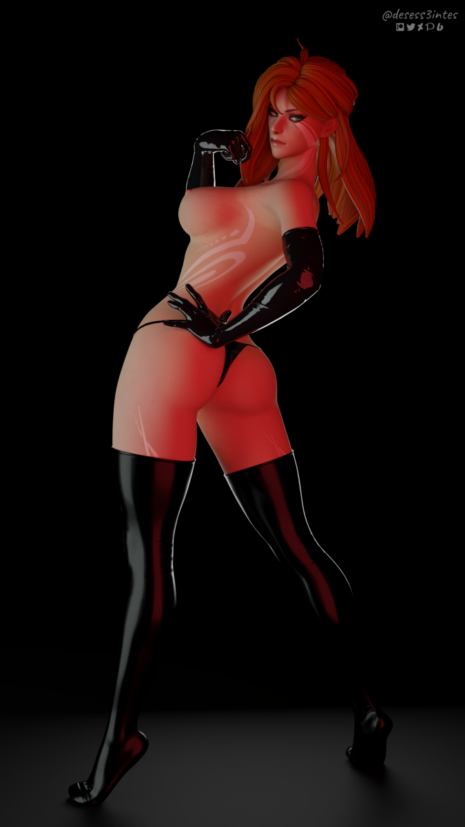 3d ass blender breasts breasts breasts desess3intes dota_2 latex latex_clothing latex_gloves latex_stockings latex_suit latex_thighhighs naked red_hair red_hair render suggestive suggestive_look windranger