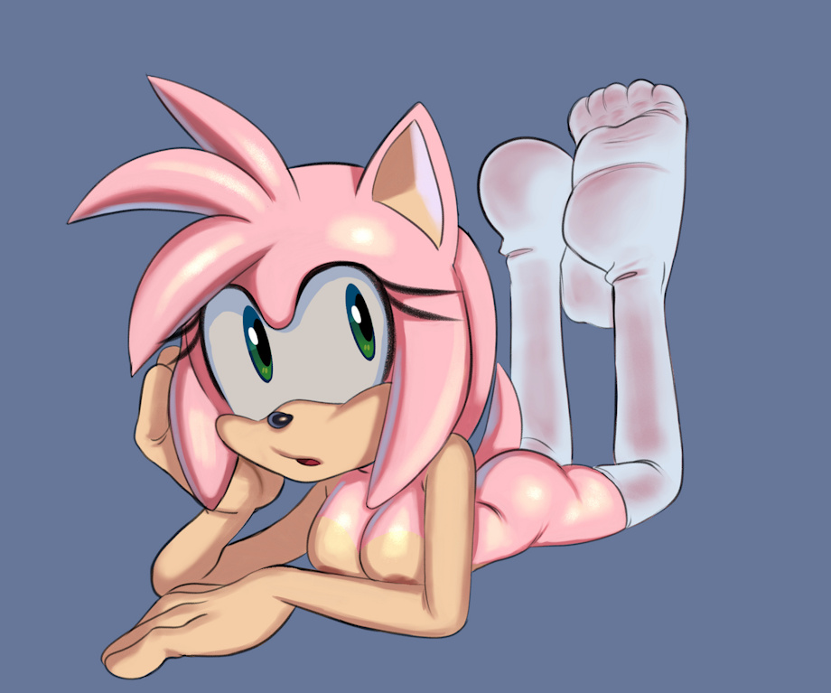 amy_rose anthro areola ass big_breasts breasts clothing eulipotyphlan feet female fur green_eyes head_on_hand hedgehog legs_up legwear lying lying_on_ground mammal on_front pink_body pink_fur rokkerth sega solo sonic_(series) sonic_the_hedgehog_(series) thigh_highs