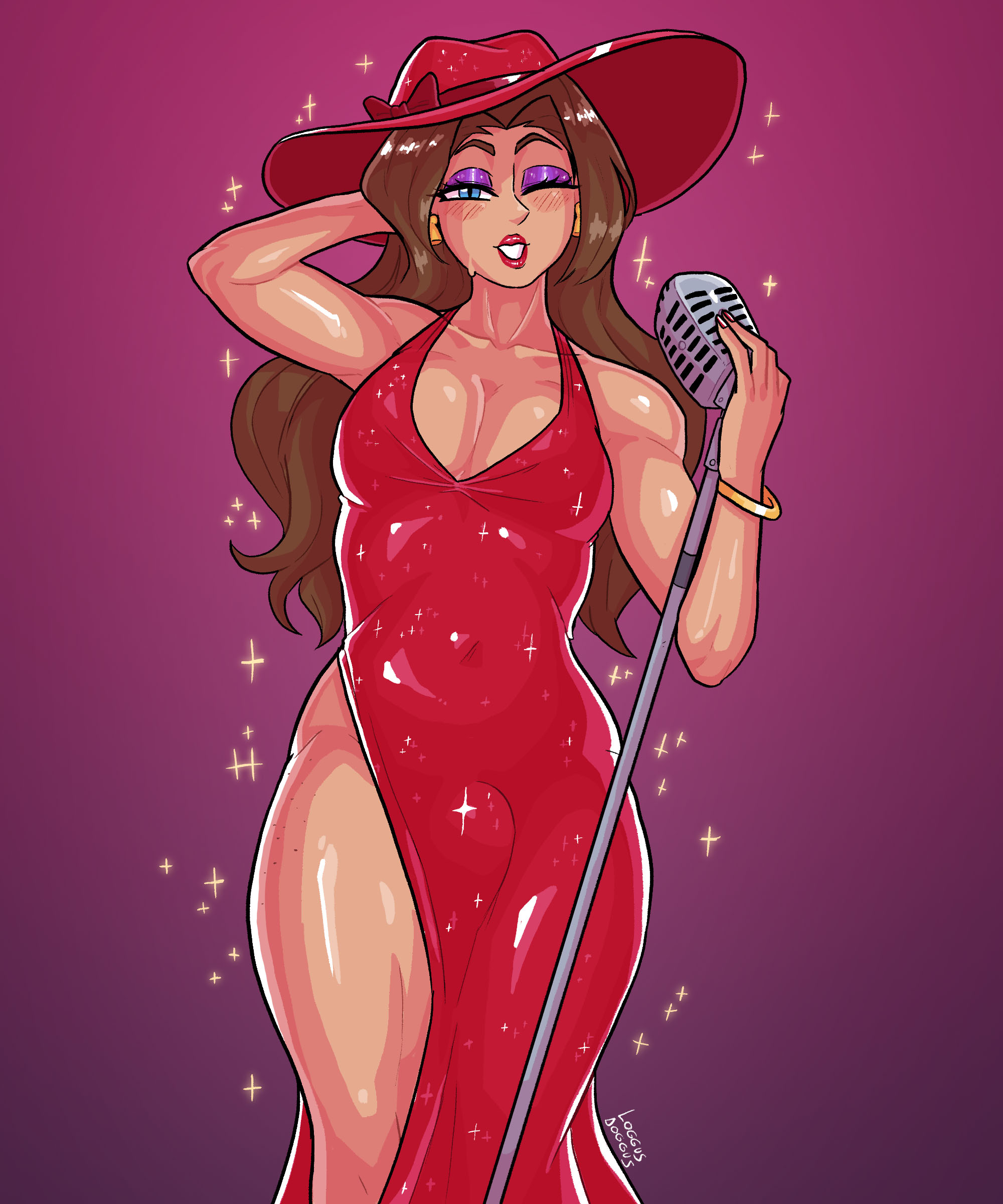 1boy, brown hair, bulge, bulge through clothing, crossdressing, earrings, femboy, genderswap, genderswap (ftm), hat, loggus doggus, long hair, male, male only, male pauline, mario (series), microphone, party dress, pauline, purple background, red dress, red lipstick, rule 63, sequin dress, simple background, solo, sparkles, standing, super mario odyssey