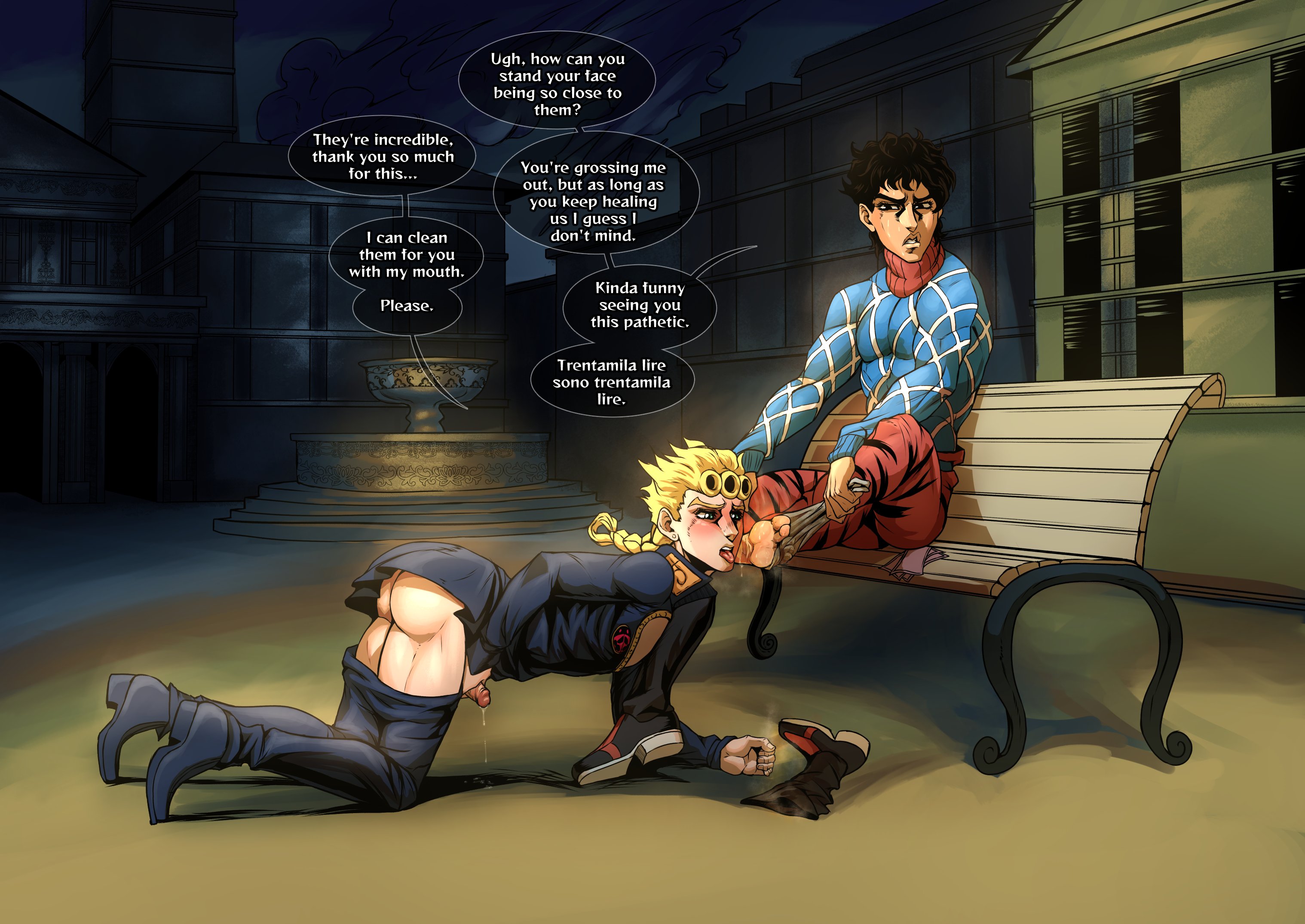 2boys, ass, barefoot, black hair, blonde hair, dialogue, feet, foot fetish, foot worship, gay, giorno giovanna, guido mista, jojo's bizarre adventure, kokobiel, male, male only, maledom, malesub, masturbation, penis, precum, precum drip, smelly feet, teenager, text, vento aureo, yaoi, young