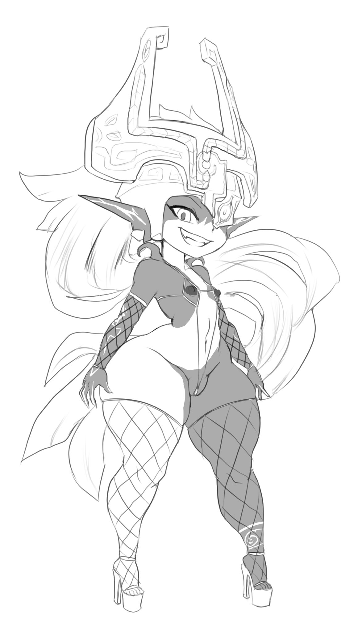 1girls, belly button, breasts, female, female only, fishnet, flat chest, flat chested, high heels, imp, looking at viewer, midna, monochrome, nintendo, nipple piercing, nipples, pear shaped, pear shaped female, pear-shaped figure, piercing, pussy, pussy visible through thong, sharp ears, shortstack, small breasts, solo, the legend of zelda, thecon, thick thighs, twilight princess, voluptuous, voluptuous female, wide hips