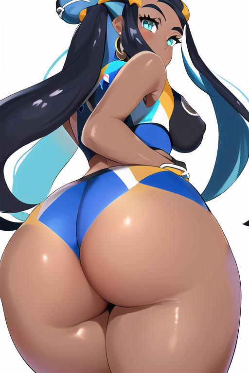 ai_generated ass ass_focus black_hair dark_skin highres huge_ass long_hair nai_diffusion nessa_(pokemon) pokemon rubycks shiny_skin tagme white_background