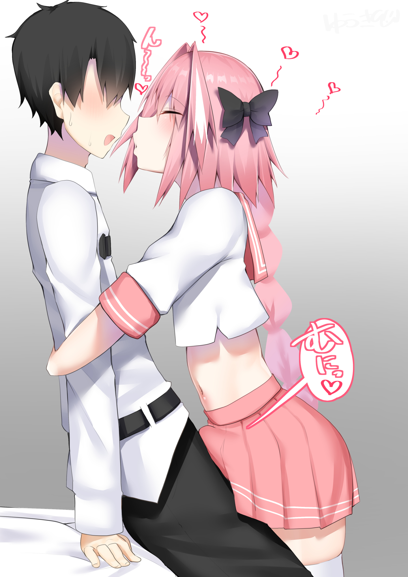 2023, 2boys, astolfo (fate), bare arms, black hair, blush, bow, braid, bulge, bulge through clothing, closed eyes, clothed, clothing, crop top, crossdresser, crossdressing, crossdressing male, erection, erection under clothes, erection under skirt, eyebrows visible through hair, eyes visible through hair, fate (series), fate/grand order, femboy, femboy on male, feminine, feminine male, frottage, fujimaru ritsuka (male), gay, girly, gradient background, grey background, hair over eyes, hair ribbon, heart, highlights, hug, hugging, imminent kiss, kitajima yuuki, light skin, light-skinned male, long hair, long ponytail, male, male on femboy, male on male, male only, male/male, midriff, multiple boys, multiple males, navel, open mouth, pants, penis, penis on penis, penis to penis, penis under clothes, penis under skirt, penises touching, pink hair, pleated skirt, ponytail, puckered lips, ribbon, school uniform, serafuku, shirt, short hair, side view, simple background, sitting, skirt, smile, sound effects, standing, sweat, text, thighhighs, thighs, tied hair, tongue, trap, white highlights, yaoi