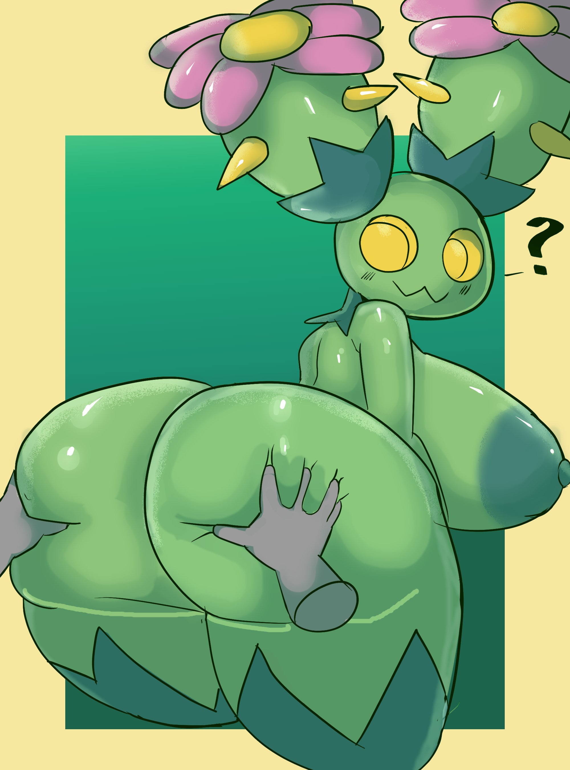 :3, 1boy, 1girls, anon, ass, cactus, darky03, disembodied hand, female, grabbing, green nipples, huge ass, male, maractus, nintendo, pokemon, pokemon bw, question mark, simple background, solo, unseen male face