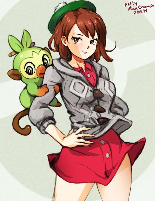 1girls, brown eyes, brown hair, brown-haired female, clothed, clothing, female, gloria (pokemon), grookey, light skin, minacream, pokemon, pokemon ss, red skirt, skirt, solo