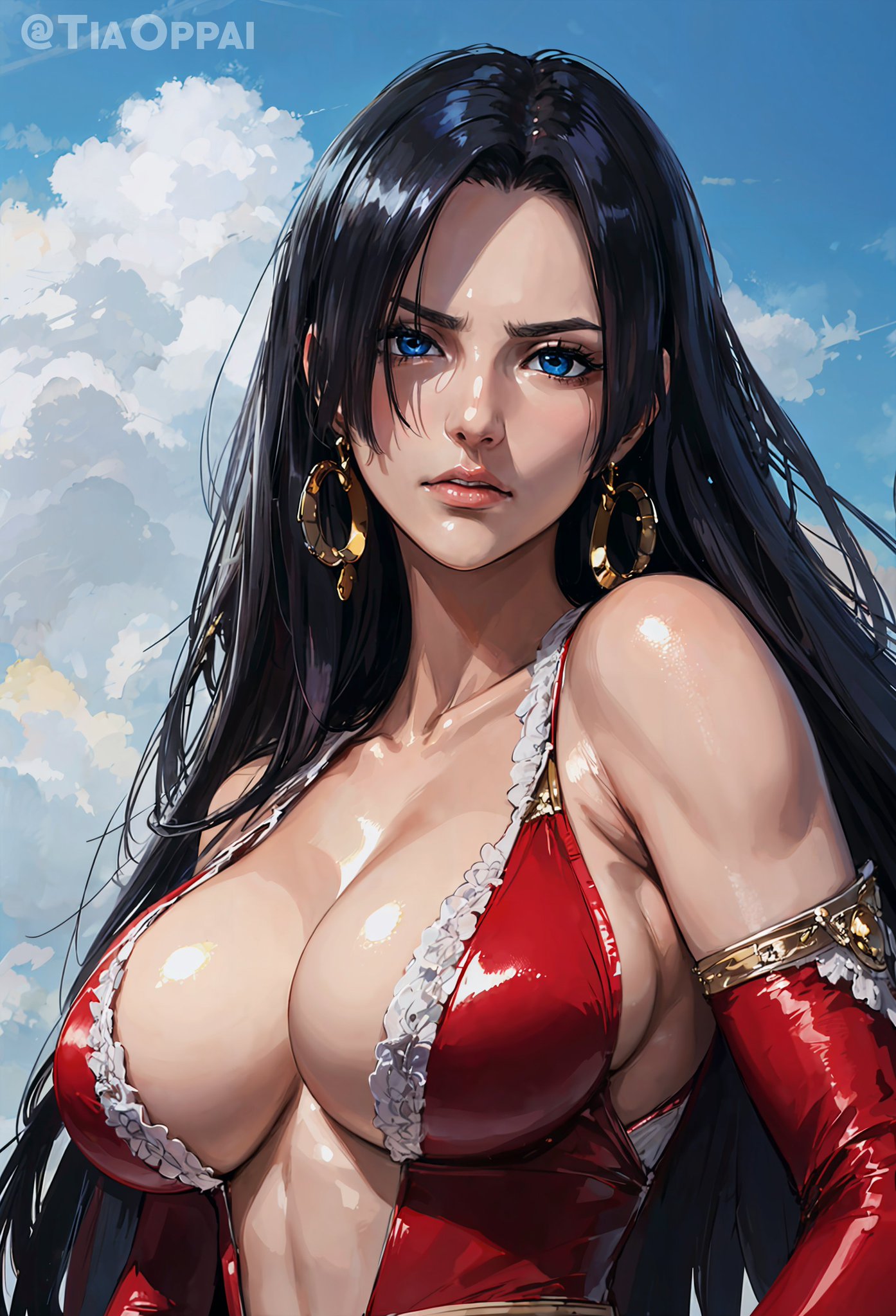 1girls, ai generated, bare shoulders, big breasts, black hair, blue eyes, boa hancock, breasts, clothed, clothing, cloud, clouds, earrings, eyebrows, female, female only, looking at viewer, one piece, shiny clothes, solo, tagme, tiaoppai, top view, watermark