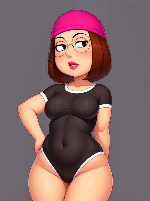 1girls, ai generated, breasts, family guy, female, female only, glasses, meg griffin, one-piece swimsuit, small breasts, smile, smirking, thick thighs