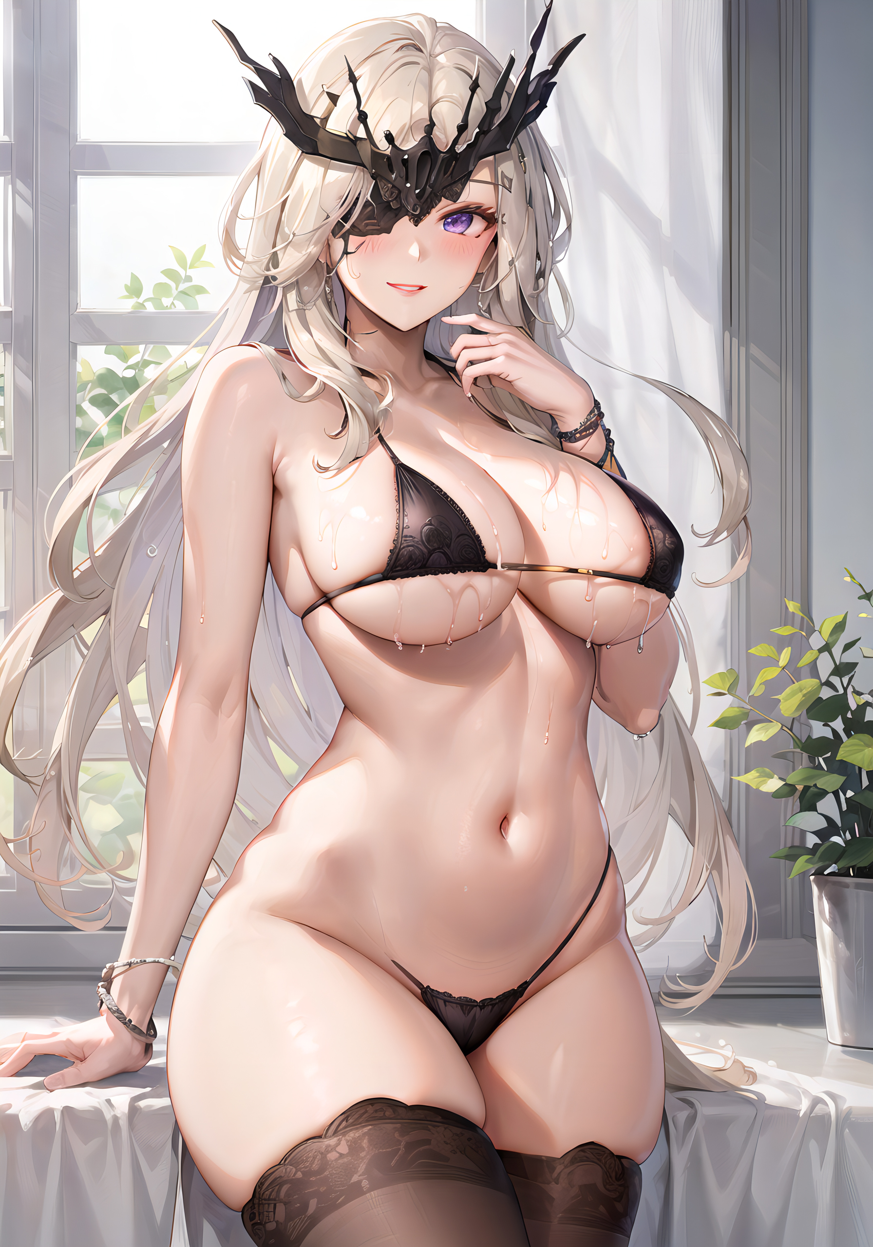 ai generated, black bra, black panties, blonde hair, breasts, curvaceous, curvy body, curvy female, female, female only, genshin impact, huge breasts, lingerie, looking at viewer, signora (genshin impact), smiling at viewer, stable diffusion
