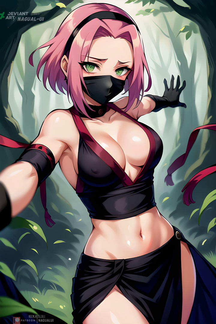 1girls ai_generated female female_only forest green_eyes nagual-ui naruto naruto_(series) naruto_shippuden ninja nipples_visible_through_clothing pink_hair sakura_haruno solo