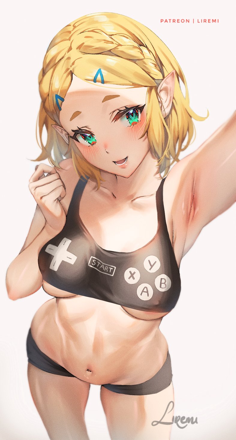 1girls 2023 alternate_version_at_patreon arm_up armpit armpits arms_up artist_signature belly belly_button big_breasts black_clothing black_underwear blonde_hair blus blush blushing braid braided_hair breasts controller controller_shirt crop_top crown_braid elf elf_ears elf_female elf_girl elfish eyes female female_only front_view green_eyes hair hair_clips hair_ornament hairclip happy humanoid hylian large_breasts light-skinned_female light_skin liremi looking_at_viewer medium_breasts midriff navel nerd nintendo open_eyes open_mouth panties patreon patreon_username pointy_ears princess_zelda revealing_clothes selfie shirt short_blonde_hair short_hair signature simple_background skimpy skimpy_clothes sleeveless smile smiling standing tears_of_the_kingdom the_legend_of_zelda thick thick_thighs tummy underboob underwear white_background zelda_(tears_of_the_kingdom)