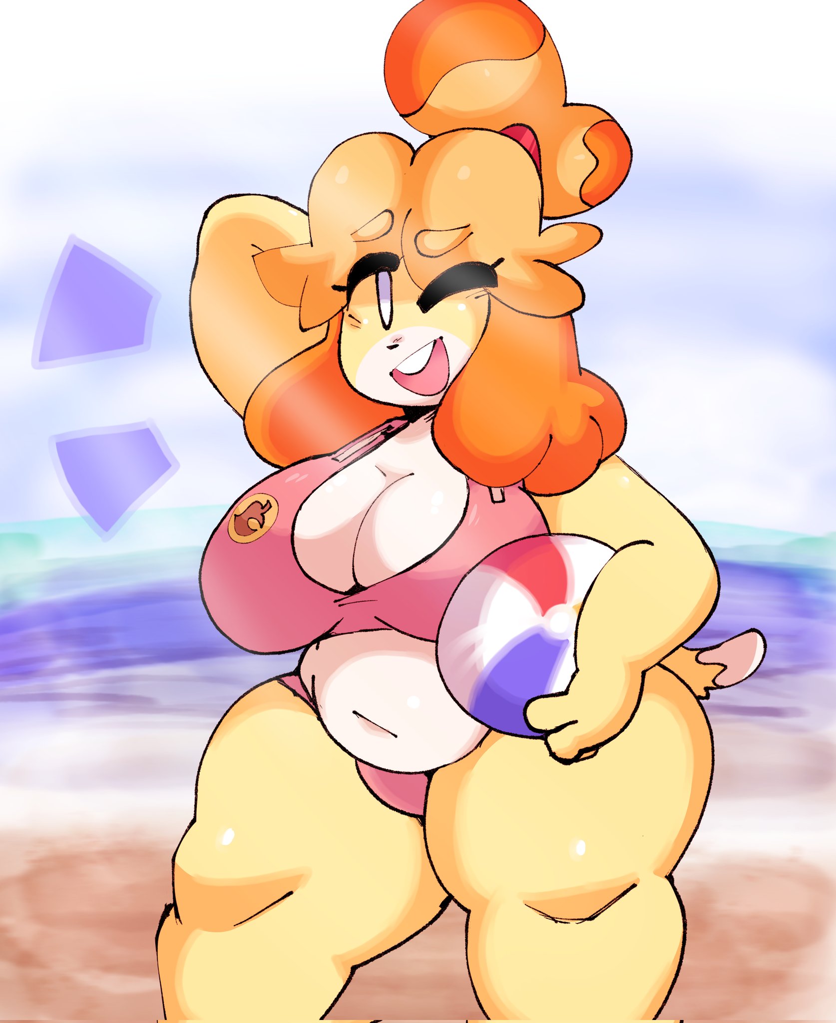 1girls, alternate body type, animal crossing, anthro, armpits, big breasts, breasts, canid, canine, canis, chubby, chubby female, cleavage, clothing, dork boi, female, fur, furry, furry only, hi res, isabelle (animal crossing), lewd dorky, navel, nintendo, one eye closed, tail, thick thighs, wide hips