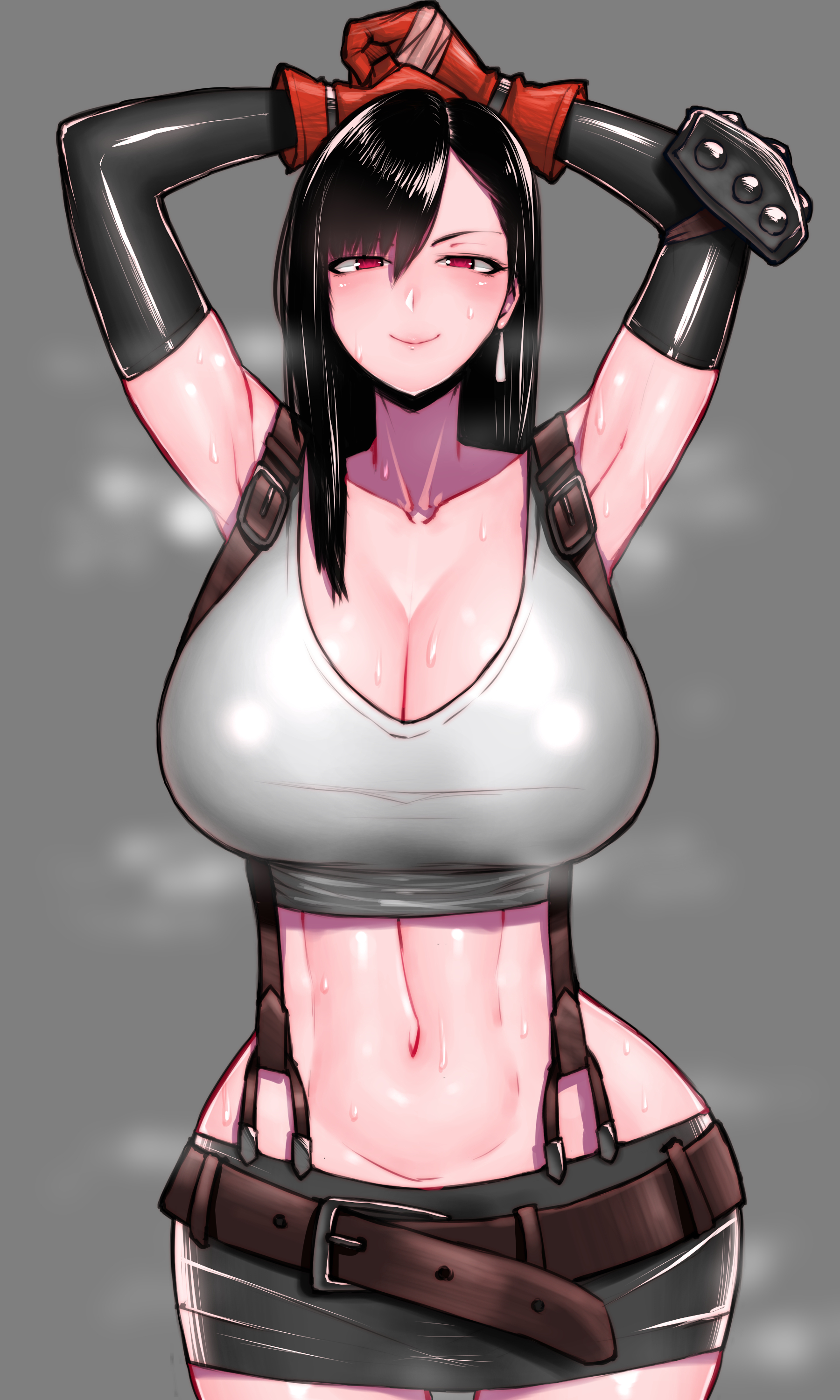 1girls, armpits, arms up, black hair, breasts, cleavage, crop top, female, final fantasy, final fantasy vii, gloves, huge breasts, large breasts, looking at viewer, naughty face, navel, short skirt, simple background, smile, solo, suspenders, sweat, sweating, sweaty body, thick thighs, tifa lockhart, tight clothing, wide hips, wolffeld price