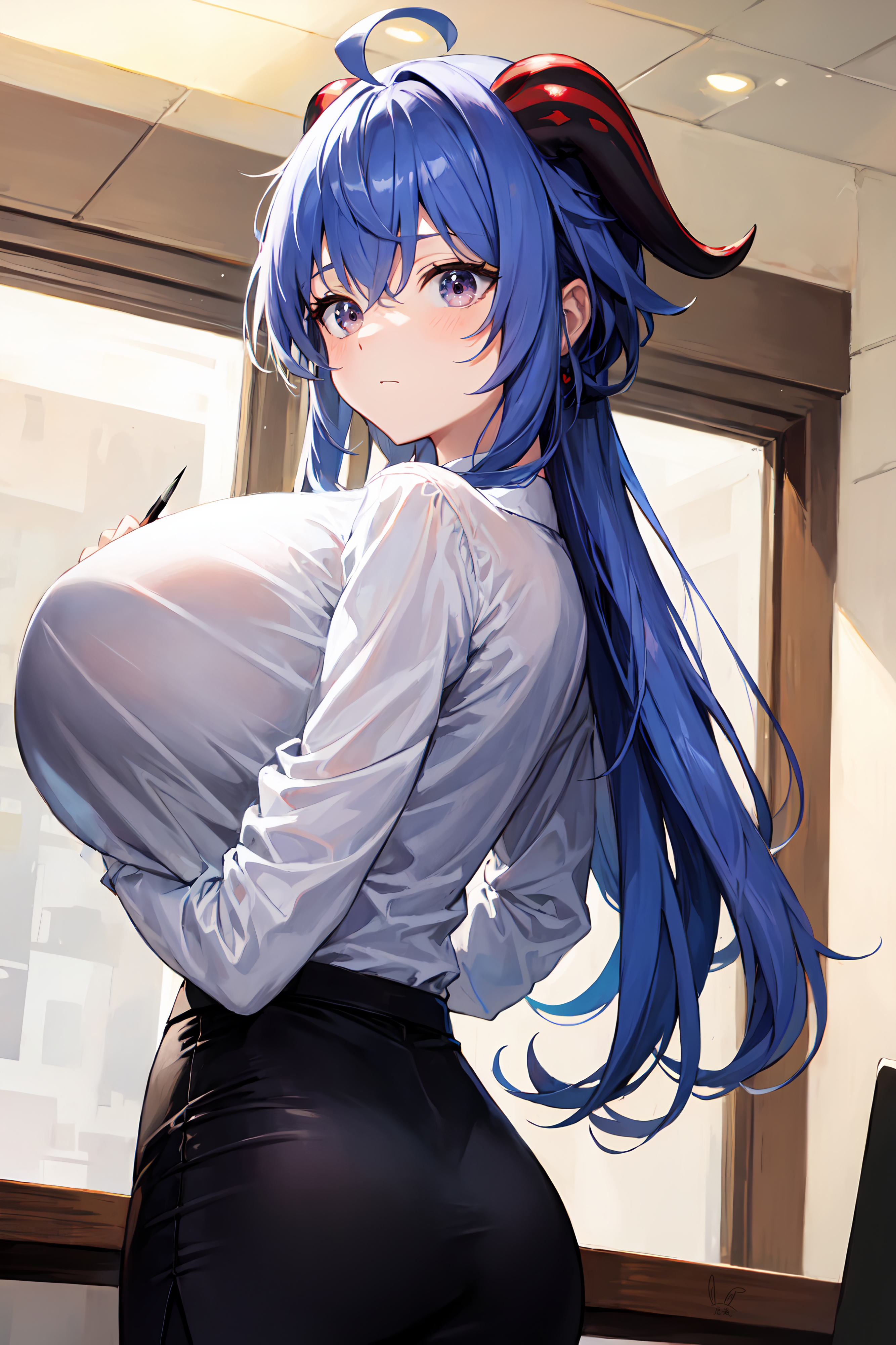 1girls, ai generated, blue hair, breasts, curvy body, curvy female, curvy figure, female, female focus, female only, ganyu (genshin impact), genshin impact, horns, huge breasts, long hair, looking at viewer, office lady, stable diffusion, voluptuous, voluptuous female
