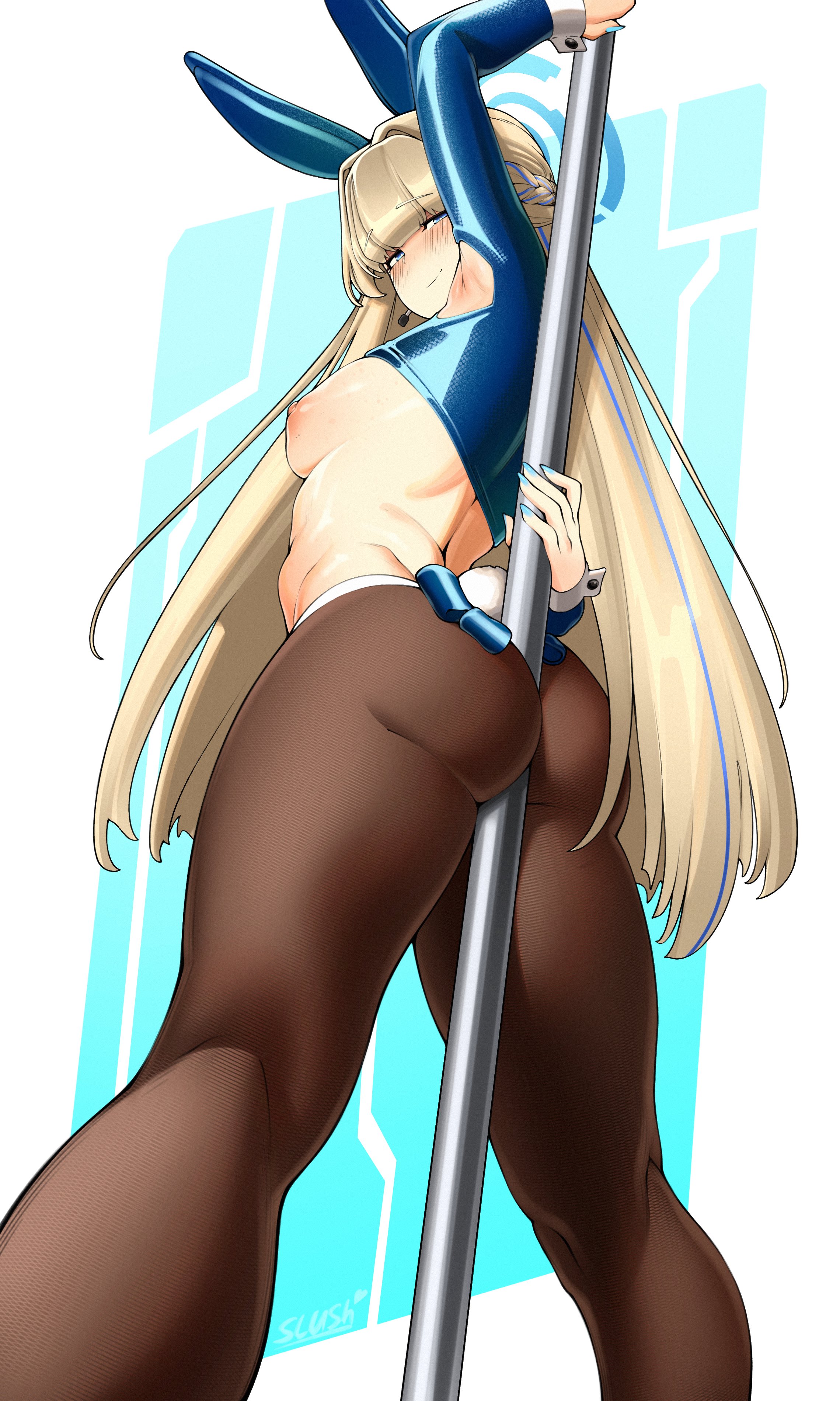 1girls, armpit fetish, armpits, ass, blue archive, breasts, bubble ass, bubble butt, bunny ears, bunny girl, bunnysuit, female, hairless armpits, hi res, large ass, light skin, light-skinned female, long hair, medium breasts, millennium science school student, nipples, perky breasts, pink armpit, pole between ass, slush, stripper pole, sweaty armpits, toki (blue archive), toki (bunny) (blue archive), wet arms