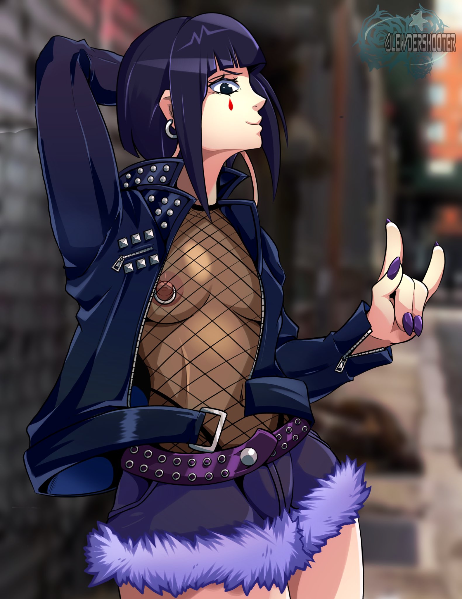 1girls, 2023, artist logo, belt, breasts, commission, digital media, ear piercing, earrings, exhibitionism, exposed breasts, facial markings, female, female only, fishnet shirt, fishnets, hi res, jean skirt, kyoka jiro, leather, leather jacket, lewdershooter, light skin, light-skinned female, my hero academia, nail polish, nipple piercing, nipples, piercing, purple hair, purple nails, purple-haired female, short skirt, shounen jump, solo, studded belt