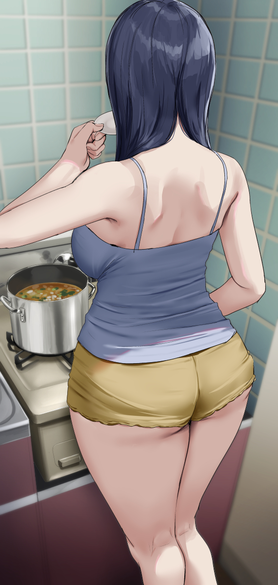 1girls ass back bare_arms bare_shoulders blue_hair blue_shirt breasts cooking female from_behind hi_res indoors large_breasts long_hair oekakizuki original plate pot shirt short_shorts shorts sleeveless solo standing stove thighs tile_wall tiles yellow_shorts