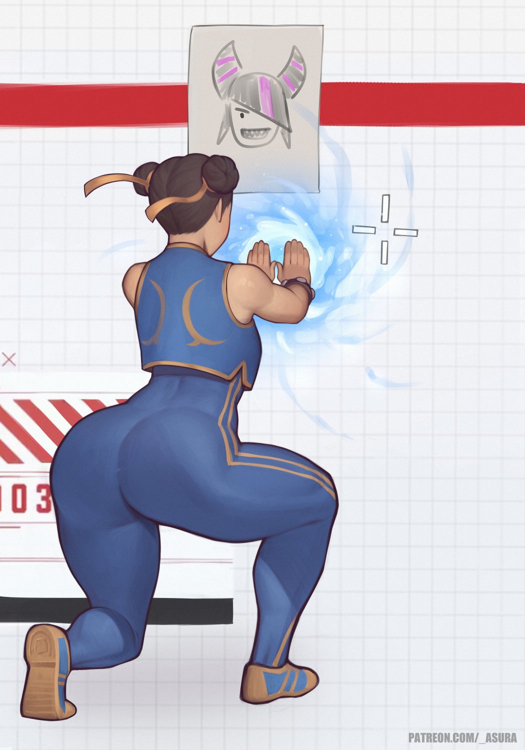 1girls artist_name ass asura_(artist) bracelet brown_hair capcom chun-li crosshair double_bun drawing facing_away female from_behind full_body goddess_of_victory:_nikke hair_bun highres jewelry juri_han kikoken kneeling medium_hair paper parody patreon_username shoes solo street_fighter street_fighter_6 street_fighter_alpha target unitard vest watermark web_address