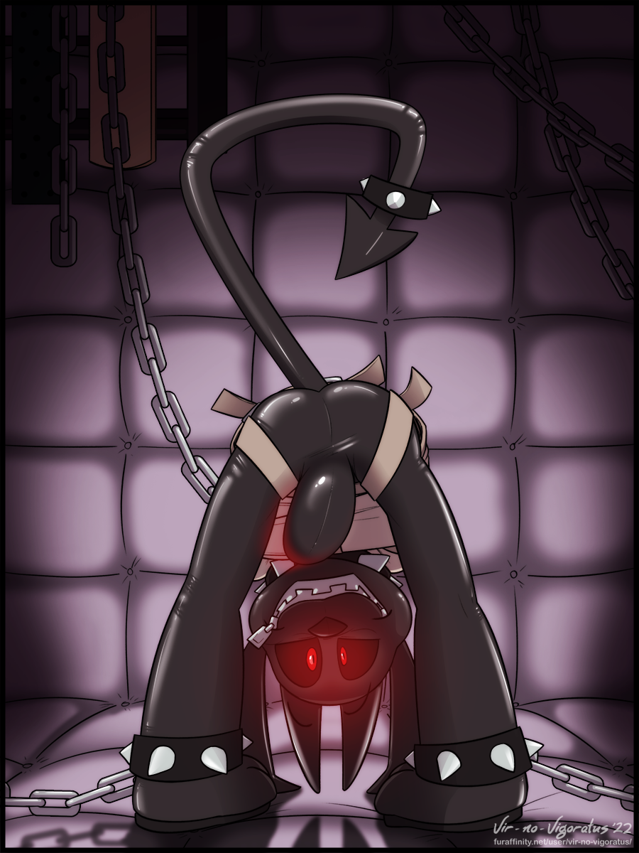 2022 3:4 anklet anthro ass black_sclera bondage bondage bound bracelet bulge chain_collar chain_leash chained chains collar digital_drawing_(artwork) digital_media_(artwork) gimp gimpy_(vir-no-vigoratus) glowing glowing_eyes hi_res imp jewelry latex leash legband long_ears male null_bulge padded_room padded_walls paddle presenting presenting_hindquarters red_eyes restraints solo spade_tail spiked_anklet spiked_bracelet spiked_collar spiked_legband spikes straitjacket tail vir-no-vigoratus zipper zipper_mouth