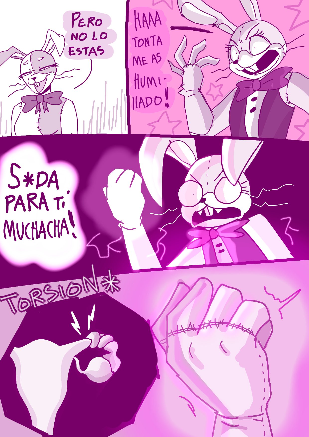 anthro bow_accessory buckteeth clothing comic duo female five_nights_at_freddy's five_nights_at_freddy's:_help_wanted glitchtrap hi_res lagomorph leporid male mammal ovum purple_background rabbit renita_reed scottgames simple_background spanish_text star sweater teeth text topwear torture uterus vanny_(fnaf) what whiskers