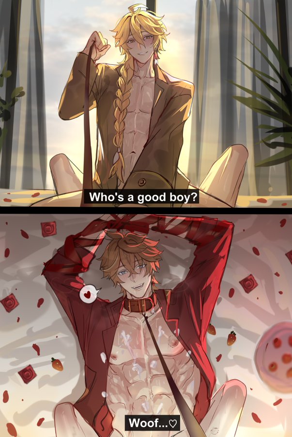 2023 2boys 2d 2d_(artwork) abs aether_(genshin_impact) blonde_hair blue_eyes bondage braid braided_hair brown_clothing childe_(genshin_impact) condom cowgirl_position cum cum_on_body dialogue dog_collar drapes english english_dialogue english_subtitles english_text flower_petals flowers gay gay_domination gay_sex genshin_impact ha_ze hoyoverse jacket leash leash_and_collar light-skinned_male light_skin male male_focus male_only male_penetrated male_penetrating male_pov nipples on_back on_bed orange_hair plant red_clothing small_dom_big_sub strawberry tartaglia_(genshin_impact) window window_light yaoi yellow_eyes