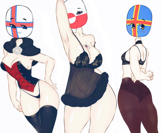 åland_island_(countryhumans) 3girls corset countryballs countryhumans countryhumans_girl cum_on_breasts exposed_breasts faroe_islands_(countryhumans) flawsy greenland_(countryhumans) leggings panties scandinavia see-through_clothing simple_background small_breasts territoryhumans united_states_of_america_(countryhumans) white_background