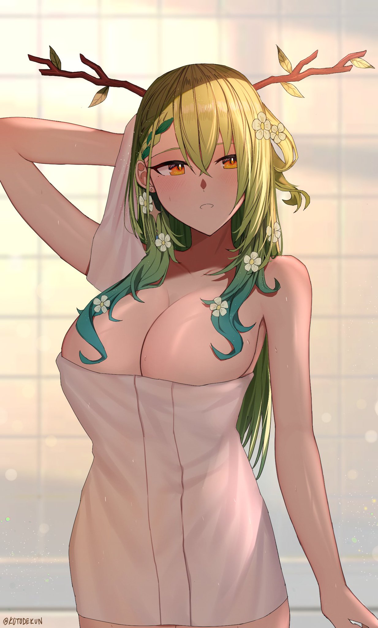 1girls artist_name artist_signature bathroom beauty_mark blurry_background blush blush_lines ceres_fauna drying drying_hair female female_only flower_in_hair flowers_in_hair green_hair hololive hololive_english hololive_english_-council- hololive_english_-promise- horns kotodekun large_breasts light-skinned_female light_skin long_hair looking_at_viewer shiny_skin single_braid solo sunset towel towel_only virtual_youtuber yellow_eyes