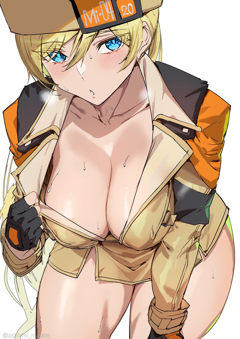 ashiomi_masato big_ass big_breasts blonde_hair blue_eyes fingerless_gloves guilty_gear large_breasts looking_at_viewer millia_rage pov_eye_contact revealing_clothes skimpy sweat thick_ass thick_thighs ushanka