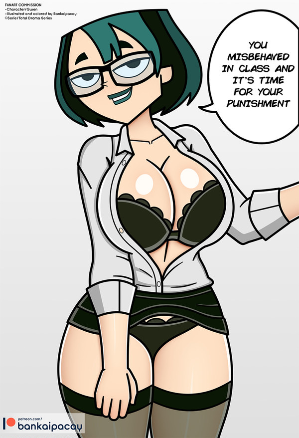 1girls, 2023, 5 fingers, bankaipacay, big breasts, black bra, black panties, bra, breasts, button down shirt, cleavage, clothed, clothed female, commission, dialogue, english text, female, female only, glasses, goth, goth girl, green hair, green lipstick, gwen (tdi), lipstick, open clothes, panties, patreon username, skirt, solo, solo female, speech bubble, standing, stockings, teacher, text, total drama island