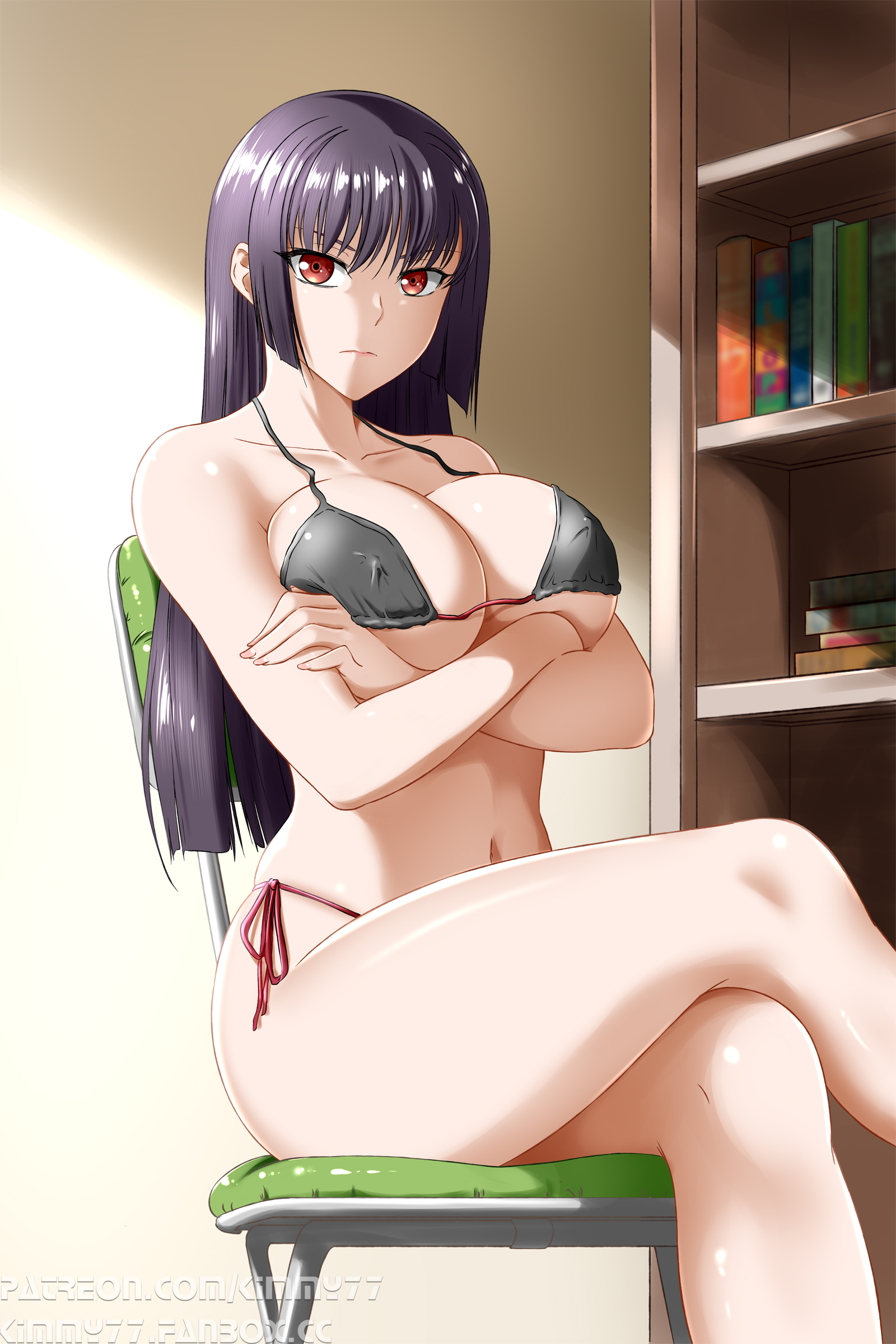 1girls, big breasts, bikini, breasts, clothed, clothing, curvy, female, female focus, female only, hi res, highres, kimmy77, long hair, looking at viewer, partially clothed, please don't bully me, nagatoro, president (nagatoro), purple hair, red eyes, revealing clothes, sana sunomiya, sitting, solo, solo female, wide hips