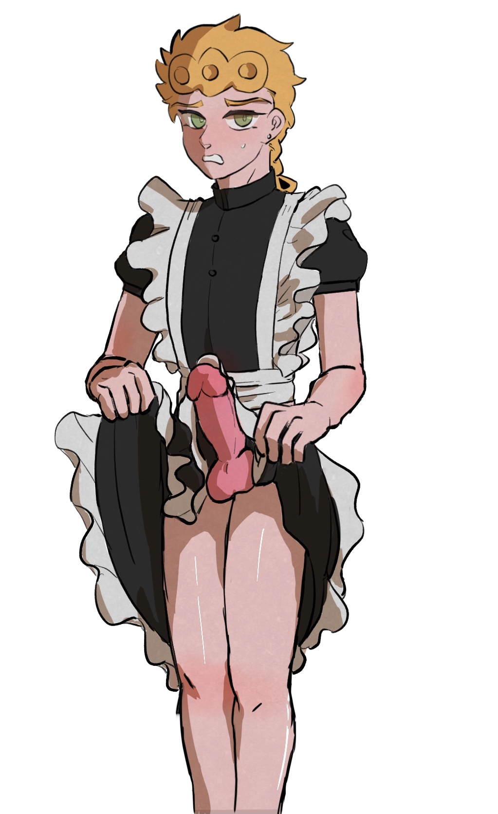 1boy blonde_hair blush boni_(artist) erection giorno_giovanna jojo's_bizarre_adventure maid_uniform no_panties penis solo vento_aureo