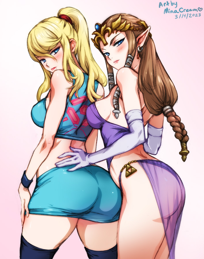2girls, alternate version available, artist name, ass, bare shoulders, behind another, big ass, blonde hair, blue eyes, blue skirt, blue thighhighs, blush, braid, breasts, brown hair, closed mouth, clothing, company connection, crop top, crossover, dated, duo, earrings, elbow gloves, elf, female, female only, glaring, gloves, high ponytail, jewelry, large breasts, light skin, light-skinned female, loincloth, looking at viewer, looking back, medium breasts, metroid, midriff, minacream, miniskirt, mole, mole under mouth, multiple females, multiple girls, nintendo, pointy ears, princess zelda, purple skirt, samus aran, see-through, see-through skirt, sideboob, sidelocks, skirt, super smash bros., the legend of zelda, thick thighs, thighhighs, thighs, twilight princess, v-shaped eyebrows, wide hips, wristband, yuri, zelda (twilight princess)