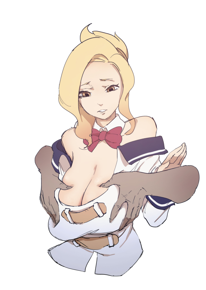 1boy, blonde hair, breasts, brown eyes, female, grabbing, grabbing another's breast, grabbing from behind, hands, highres, kono subarashii sekai ni shukufuku wo!, large breasts, long hair, looking at viewer, luna (konosuba), male, ponytail, simple background, white background