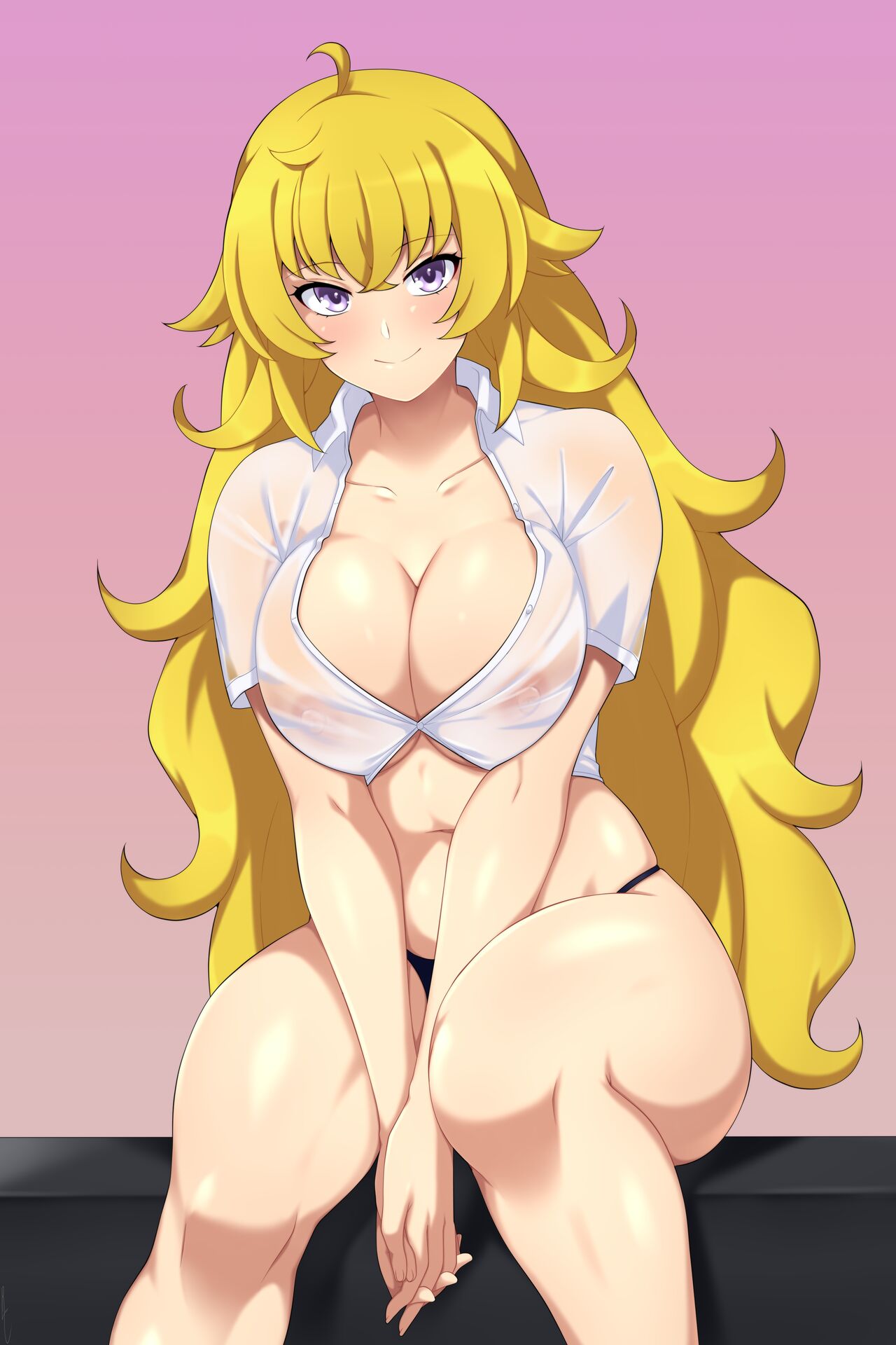 blonde, blonde female, blonde hair, blouse, blush, cleavage, cleavage cutout, crop top, cute, female, fully clothed, lindaroze, long hair, looking at viewer, nipples, nipples visible through clothing, panties, purple eyes, rwby, solo, thick thighs, underwear, wet clothes, yang xiao long