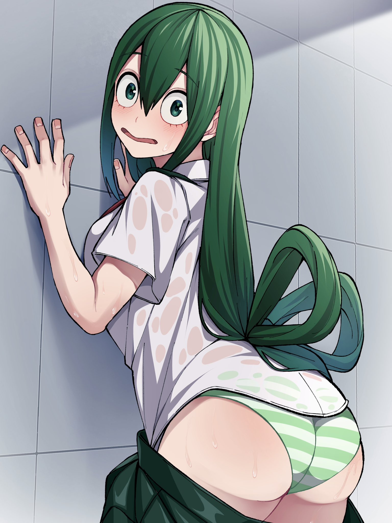 1girls, ass, female, green eyes, green hair, green-haired female, kobaji, looking at viewer, my hero academia, panties, schoolgirl uniform, shimapan, skirt down, striped panties, tsuyu asui, underwear, wet clothes