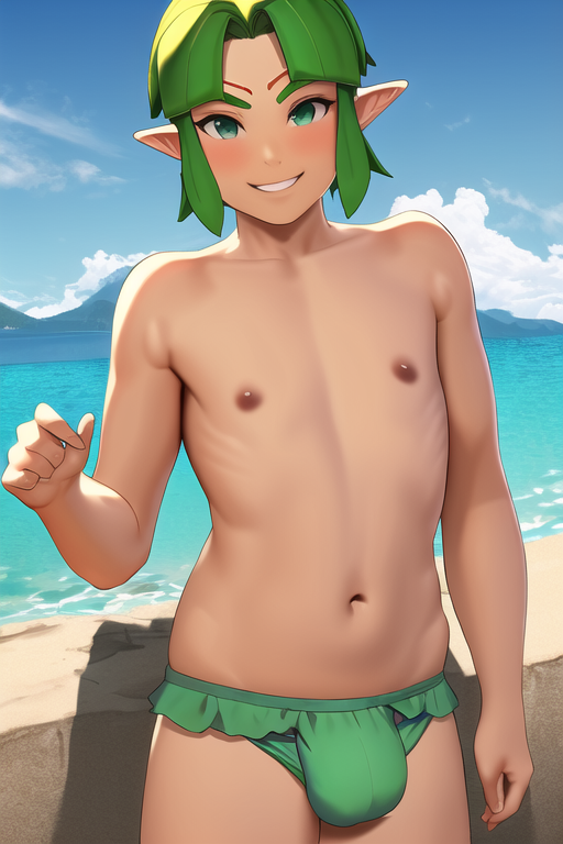 1boy ai_generated belly_button bulge bulge_through_clothing femboy green_hair kokiri male male_only males_only nipples novelai saria solo the_legend_of_zelda topless