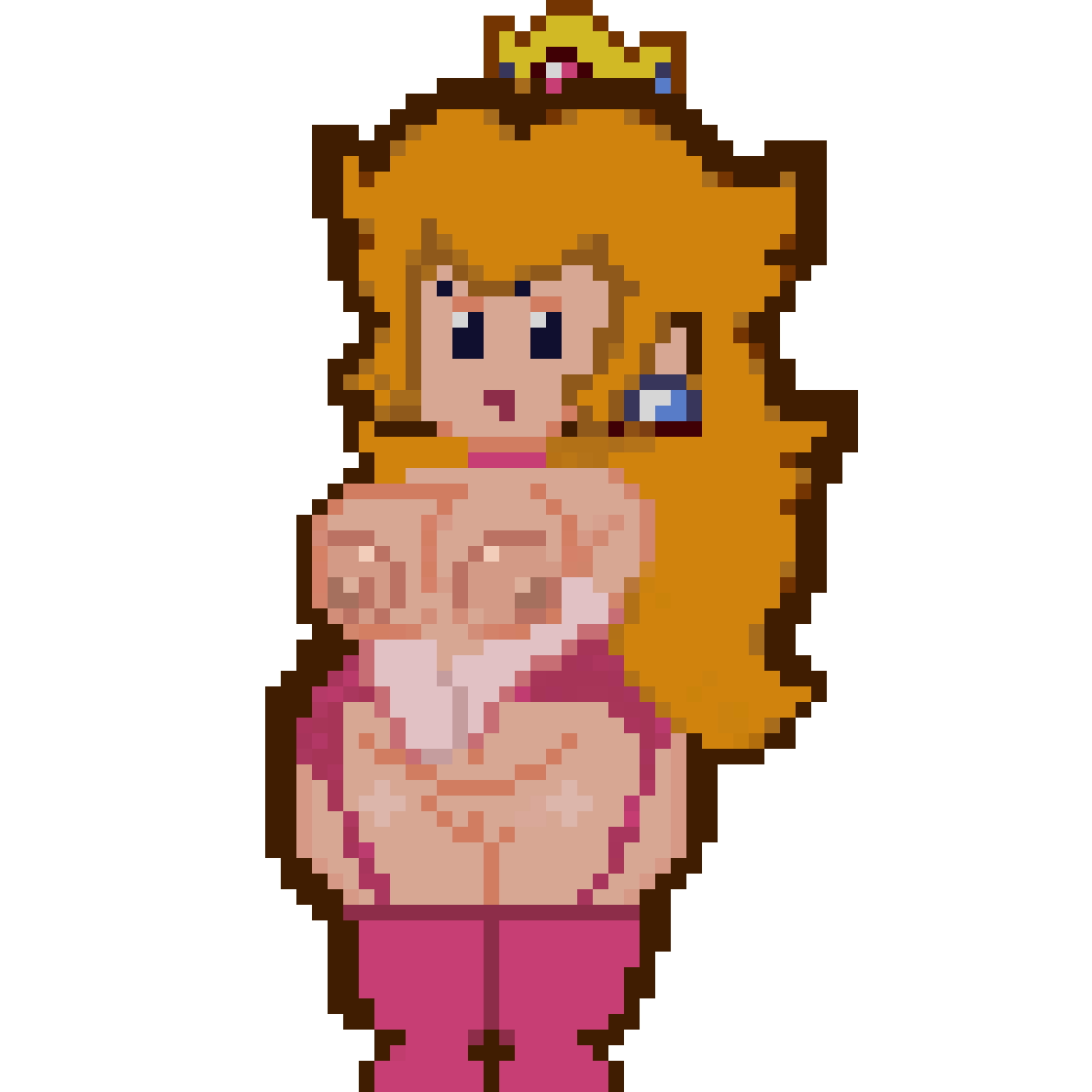 blonde_hair bottom_heavy clothed clothing crown female female_focus hair half-closed_eyes headgear human kribosuprahstah legwear lingerie lingerie_malfunction mammal mario_(series) narrowed_eyes nintendo paper_mario paper_peach partially_clothed pixel_art princess_peach solo thigh_highs transparent_background