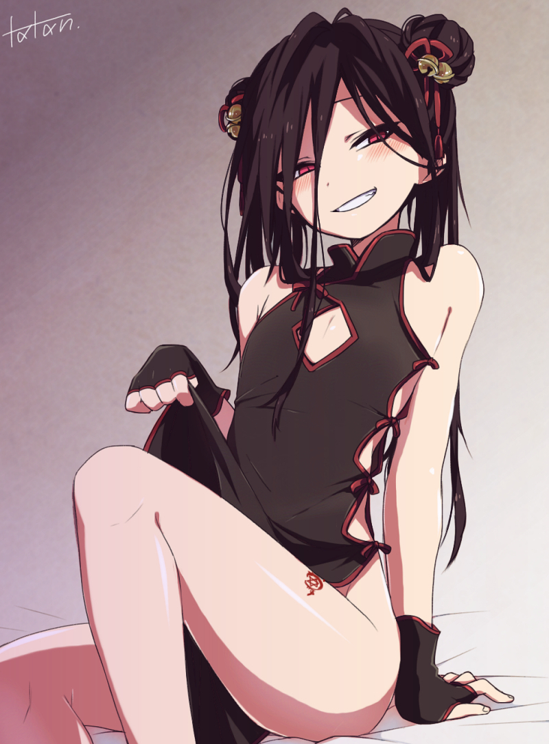 1boy, 2d, 2d (artwork), black hair, boob window, breasts, china dress, chinese clothes, crossdressing, crossdressing male, dress, envy (fullmetal alchemist), femboy, fullmetal alchemist, fullmetal alchemist brotherhood, male, male only, smug, smug face