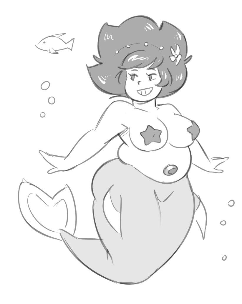 1girls afro big_breasts breasts chubby chubby_female fish gem gem_hybrid gemsona gills green_eyes light-skinned_female mermaid mermaid_tail mermay monochrome no_color nora_quartz_universe samson_00 solo solo_female solo_focus starfish_pasties steven_universe underwater