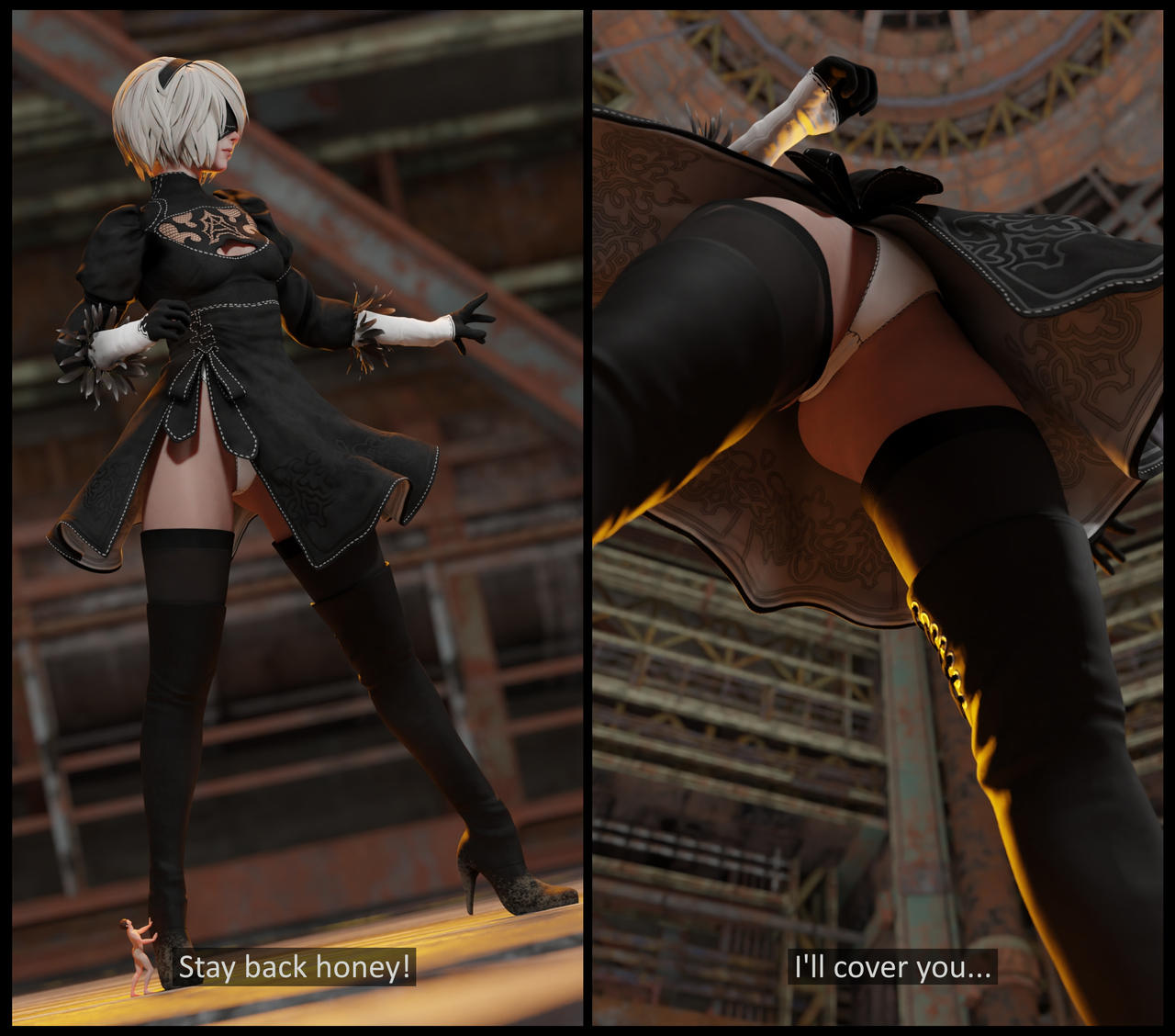 1boy 1girls 3d blindfold clothing english_text envlight female giantess hairband light-skinned_female light_skin macro male micro nier nier:_automata short_hair size_difference skirt standing text thighhighs upskirt white_hair yorha_2b