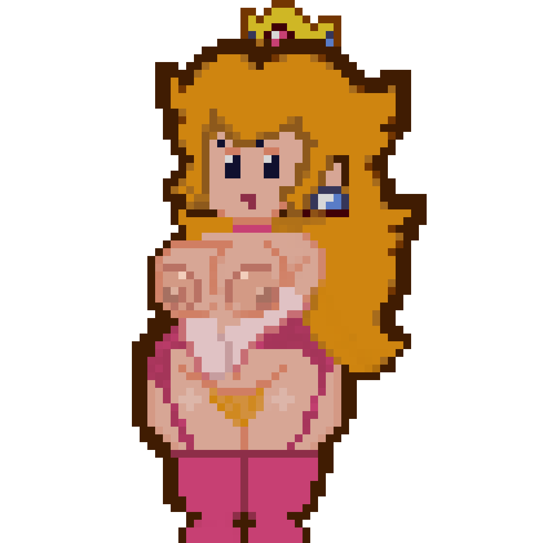 blonde_hair bottom_heavy clothed clothing crown female female_focus hair half-closed_eyes headgear human kribosuprahstah legwear lingerie lingerie_malfunction mammal mario_(series) narrowed_eyes nintendo paper_mario paper_peach partially_clothed pixel_art princess_peach pubic_hair solo thigh_highs transparent_background