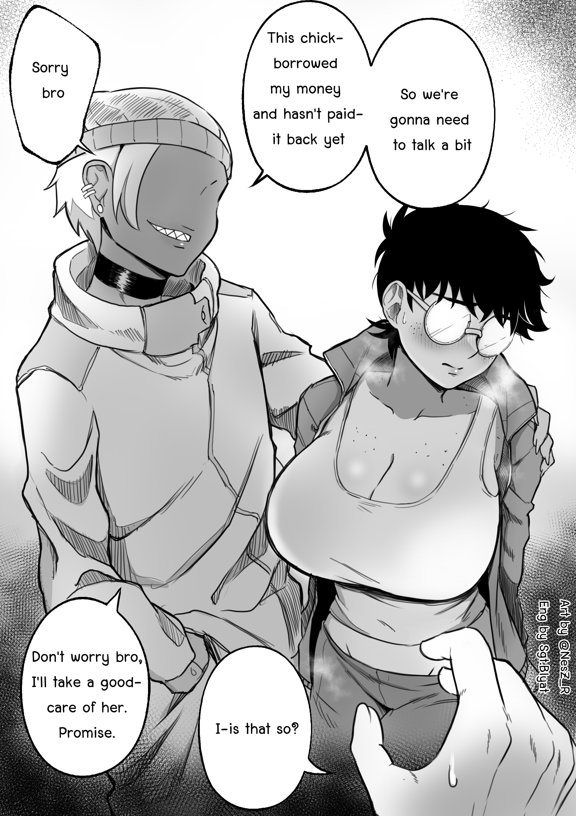 1boy, 2girls, absurd res, black hair, breasts, cleavage, english text, faceless female, female, female focus, gina (nesz), glasses, hi res, hidden buxom, implied netorare, jane (nesz), large breasts, male, male pov, nesz, netorare, ntr, opaque glasses, original, peter (nesz), pov, sharp teeth, short hair, text, tomboy