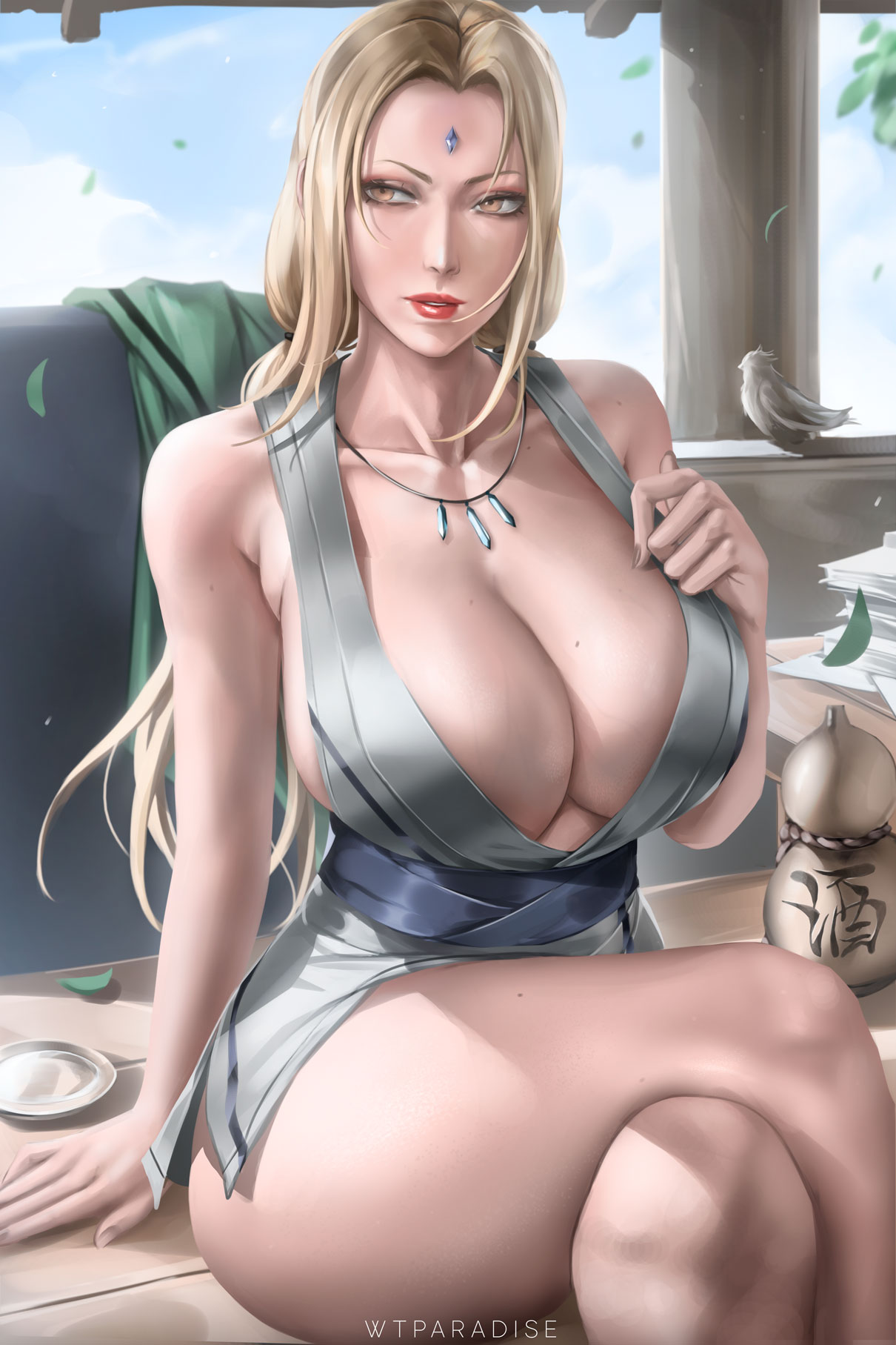 bare_legs bare_thighs big_breasts blonde_hair breasts huge_breasts large_breasts mature_female milf naruto nipples_visible_through_clothing no_pants sitting thick_thighs tsunade we1cometoparadiseart welcometoparadise wide_hips wtparadise