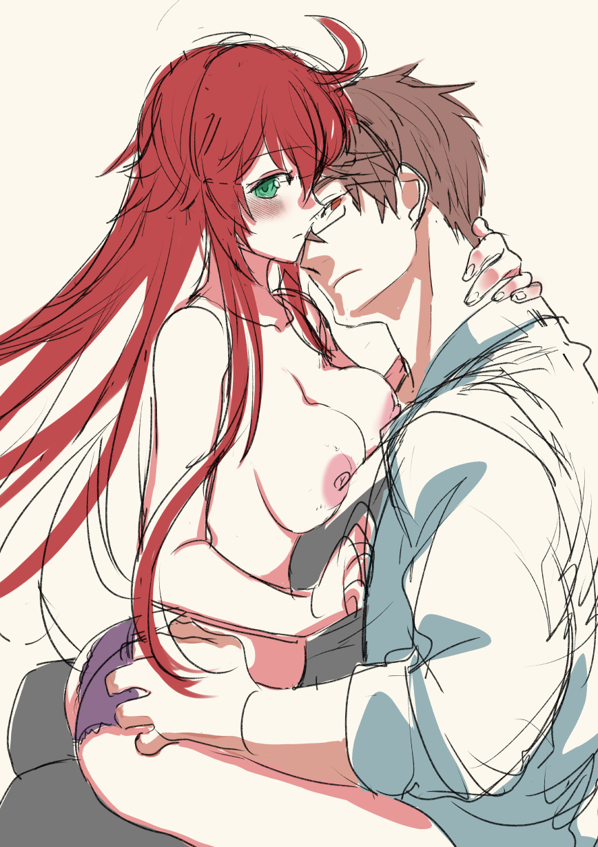 1boy, abs, breast squish, breasts, brown hair, canon couple, couple, embracing, glasses, green eyes, guilty gear, guilty gear strive, hugging, husband and wife, jack-o' valentine, kusu26moosky, looking at viewer, male, multicolored hair, red hair, sol badguy, topless, underwear, white hair