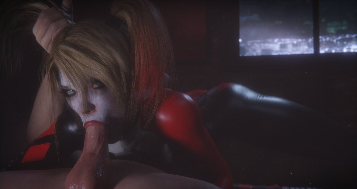 3d, batman (series), batman: arkham knight, blowjob, bodysuit, clothed female nude male, dc, dc comics, facepaint, female, grabbing hair, harley quinn, harley quinn (arkham knight), harley quinn (arkham), harley quinn (classic), looking at viewer, male, tagme, twintails, unmasked